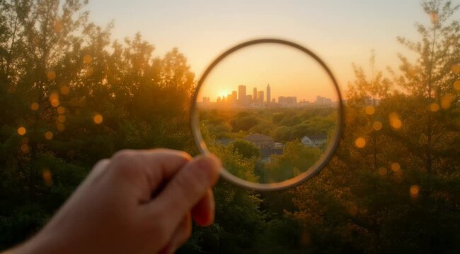 Urban planner's hand holding magnifying glass focusing on city skyline during sunset with green trees, concept for real estate search, urban development and investment analysis