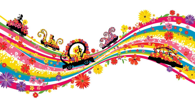 Vibrant floral parade procession with colorful flower decorations and vector illustrations on a wavy ribbon, set against a white background with a joyful spring carnival atmosphere.