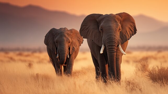 Two elephants walking forward in dry grass during a golden african sunset