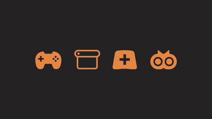 A minimalist graphic displays four orange icons against a dark gray background a gamepad a package a plus sign and an owl high quality professional detailed © Nargis