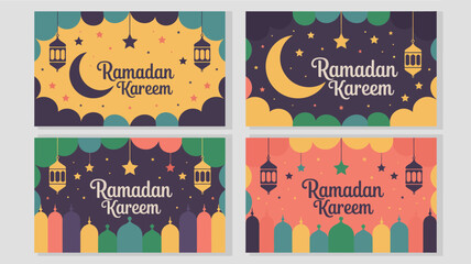 Four colorful ramadan kareem themed cards featuring crescent moons stars and traditional lanterns ideal for islamic holiday greetings high quality professional detailed modern elegant stylish clean © Nargis