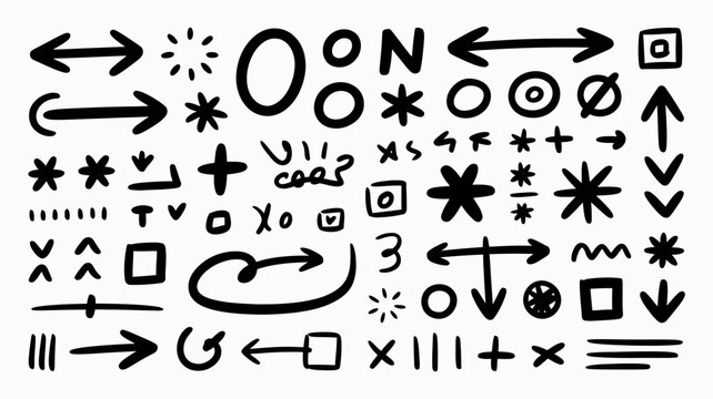 A chaotic collection of hand drawn black symbols and doodles fills the frame including arrows circles stars and abstract shapes high quality professional detailed modern elegant
