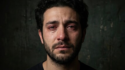Obraz premium A Tearful Expression: Portrait of a man's face, with a single tear rolling down his cheek, capturing raw emotion and vulnerability.