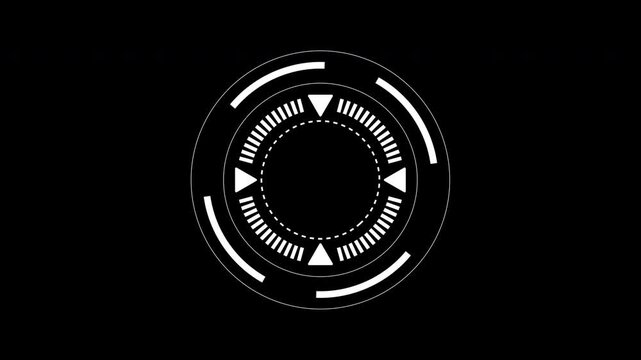 HUD circle target suitable for technology concept designs, website layouts, app interfaces, and digital presentations. Modern, sleek, circular digital interface element in white on black background.