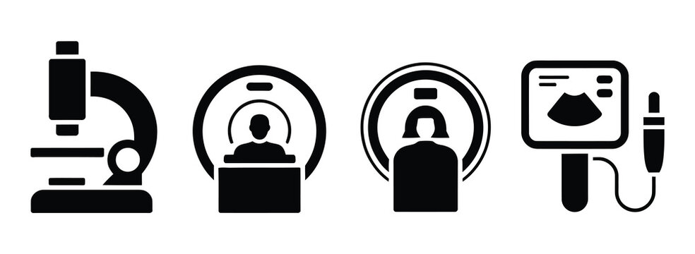 Medical imaging solid icon set, radiology diagnostics featuring X ray machine, CT scanner, MRI system and ultrasound equipment