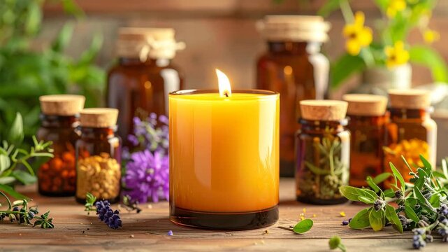 Lit candle on a wooden table surrounded by herbal jars and fresh flowers. Warm natural light creates a cozy, calming atmosphere inspired by wellness rituals and organic aromatherapy
