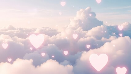 Fototapeta premium Floating pink hearts in a dreamy pastel sky with soft clouds