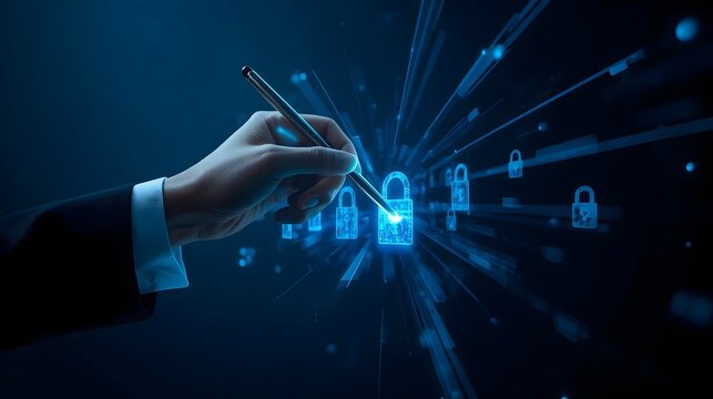 Unlocking digital security with a stylus and glowing blue padlocks on a dark background, representing cyber protection and data privacy