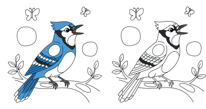 Cute cartoon Blue Jay bird singing on a tree branch with outline butterflies. Isolated vector