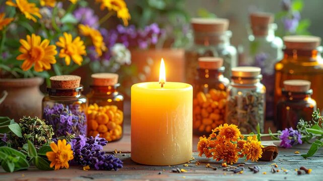 Lit candle on a wooden table surrounded by herbal jars and fresh flowers. Warm natural light creates a cozy, calming atmosphere inspired by wellness rituals and organic aromatherapy