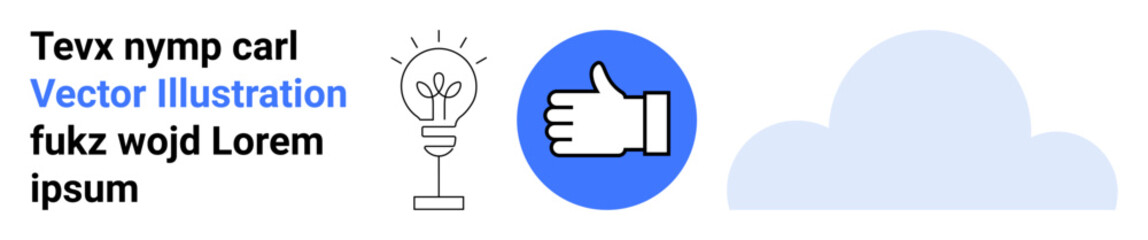 Obraz premium Innovation, positive feedback, communication, collaboration, digital storage, creative ideas. Lightbulb, thumbs-up icon and cloud shape displayed. Innovation and positive feedback