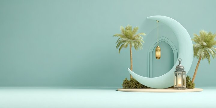 3d rendering of a crescent moon with Islamic arch and lanterns beside palm trees image