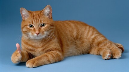 Fototapeta premium A delightful ginger cat lounges on a vibrant blue surface, confidently giving a thumbs up with its paw