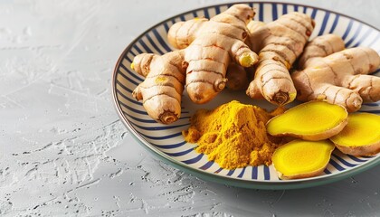 Fresh turmeric roots with bright turmeric powder and sliced pieces on patterned plate, representing organic spice and healthy nutrition concept.