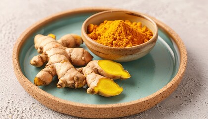 Fresh turmeric roots with turmeric powder in ceramic bowl on plate, representing natural spice, healthy ingredient, and herbal remedy concept.