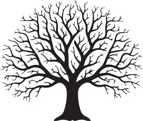 Fototapeta premium Elegant vector silhouette art of a leafless winter tree, featuring complex bare branches, ideal for sophisticated nature-inspired graphic design
