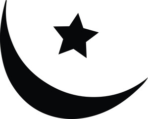 Stylized crescent moon and star silhouette vector design on a transparent background, representing Islamic faith and celestial beauty