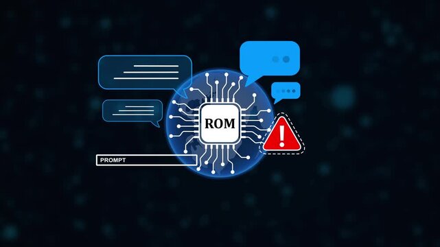 R O M Chip with Communication Alert Symbol Technology Digital Circuit Board Blue Background Futuristic Electronics Concept