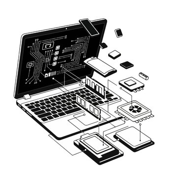 Laptop Exploded View Vector Illustration, Black and White, Open Screen and Keyboard with Simplified Internal Hardware Layout
