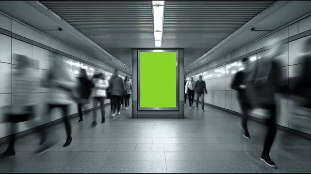 Busy subway station corridor with blurred people and a green display screen viewed from the center