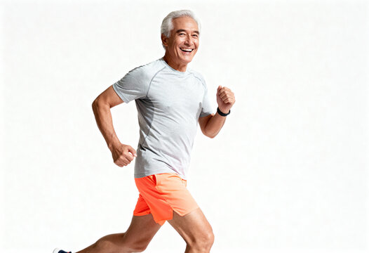 Active senior man running with fitness tracker on white background