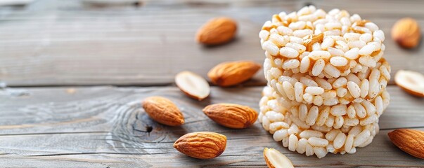 Sweet puffed rice cereal bars stacked on wooden table with whole almonds, healthy snack concept.