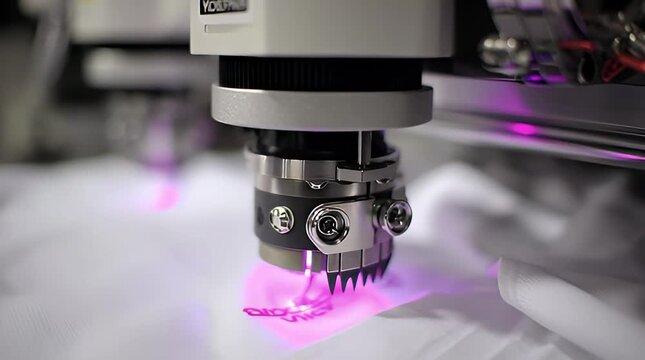 Automated embroidery machine precisely stitching intricate patterns onto fabric with bright purple light