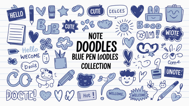 A colorful collection of hand drawn doodles includes hearts stars speech bubbles stationery and playful lettering on lined paper high quality professional detailed modern elegant stylish