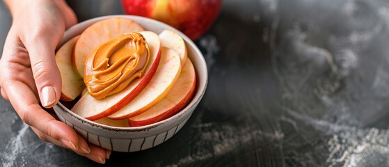 Woman holding bowl of fresh apple slices topped with creamy peanut butter on dark background.
