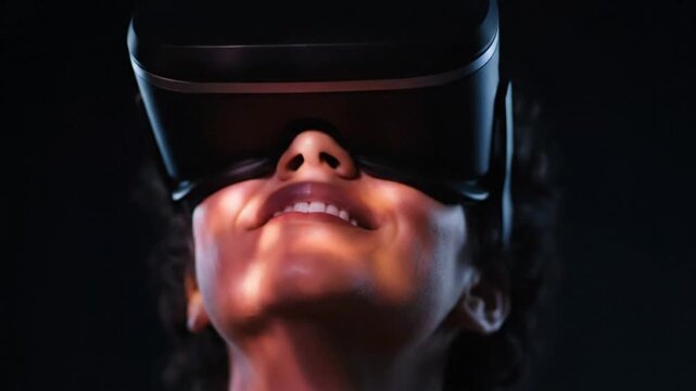 Person wearing virtual reality headset in dark environment with blue glow