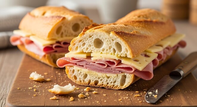 Delicious ham and cheese sandwich cut in half on a wooden board
