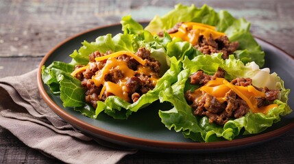 Low carb lettuce wraps filled with seasoned beef and melted cheddar cheese on plate.