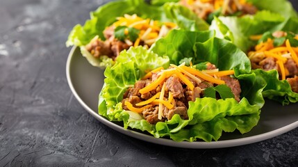 Fresh lettuce cups stuffed with cooked beef and shredded cheddar served on ceramic plate.