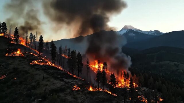 Wildfire spreads rapidly through forest on mountain hillside at dusk with smoke and flames engulfing trees in aerial view