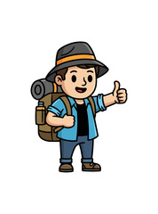 Cartoon traveler with backpack giving thumbs up for adventure
