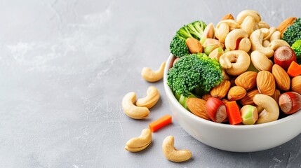 White bowl filled with almonds, cashews and hazelnuts served with fresh broccoli and carrot pieces.