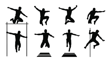 Fototapeta premium Diverse athletes performing various types of jumps and leaps in a silhouette style. Vector