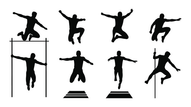 Diverse athletes performing various types of jumps and leaps in a silhouette style. Vector
