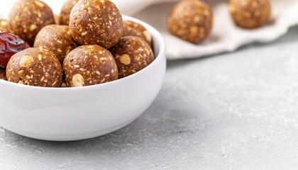 Fototapeta premium Homemade date and nut energy balls with sesame seeds served in white bowl on light background.