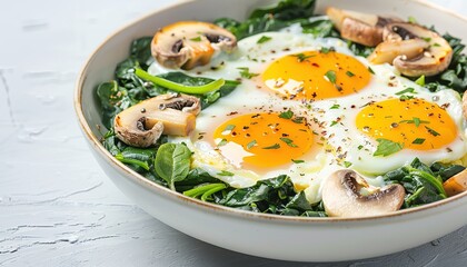 Pan cooked eggs with sauteed mushrooms and fresh spinach topped with herbs and black pepper.