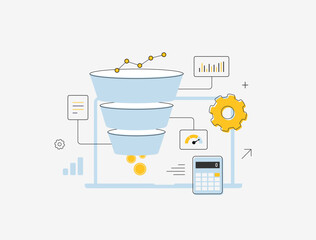 Plakat Marketing funnel analytics, sales conversion process with data filtering and business metrics, e-commerce digital optimization workflow and KPI charts, modern flat infographic vector illustration