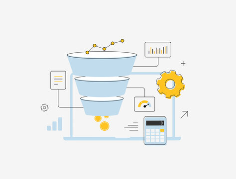 Marketing funnel analytics, sales conversion process with data filtering and business metrics, e-commerce digital optimization workflow and KPI charts, modern flat infographic vector illustration