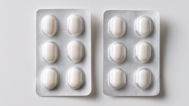 White oval pills filling two blister packs, representing concepts of daily medication, healthcare, pharmaceutical products, and medical treatment on a clean background