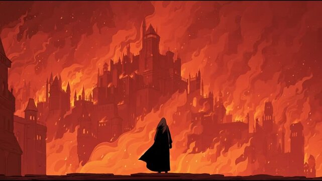 A lone figure in a hooded cloak stands before a burning cityscape at dusk with flames engulfing the buildings