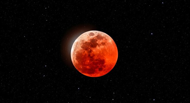 Awe-inspiring deep red lunar eclipse, often referred to as a blood moon, glowing vibrantly against the expansive, dark canvas of a star-filled night sky, capturing a truly spectacular celestial event