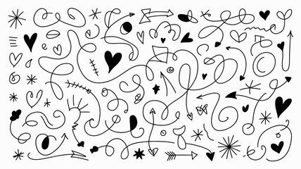 A chaotic hand drawn pattern of black lines features hearts arrows swirls stars and abstract shapes against a white background high quality professional detailed modern elegant