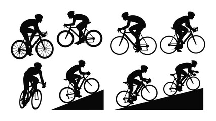 Group of cyclists racing on a track with varying terrains and obstacles Vector © SILHUETTECHEMBER