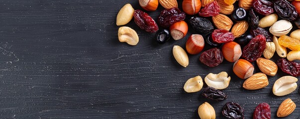 Assorted dried fruits and nuts scattered on black wooden table creating rustic healthy snack background.