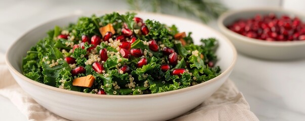 Fresh kale salad with quinoa grains and pomegranate seeds in ceramic bowl, nutritious vegetarian meal.
