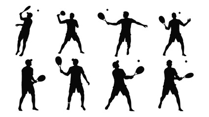 A collection of eight black silhouettes of tennis players in various poses and actions Vector